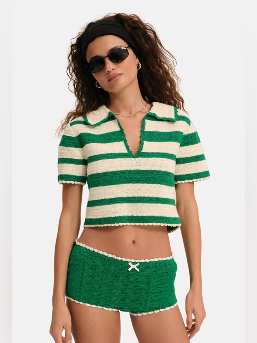 NWT For Love and Lemons Crochet Rugby Polo Top in Green